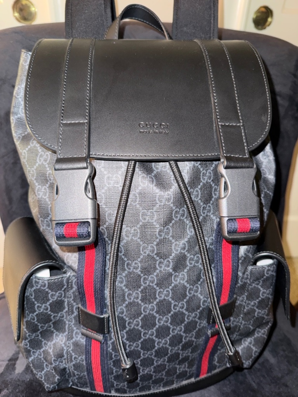 Gucci Black GG Supreme Backpack with Red and Blue Web Stripes - Picture 5 of 12